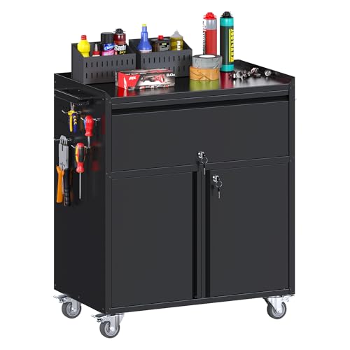 71" Metal Storage Cabinet with Wheels and Pegboard, Lockable Rolling Steel Storage Cabinet with 5 Adjustable Shelves and Door for Garage, Office