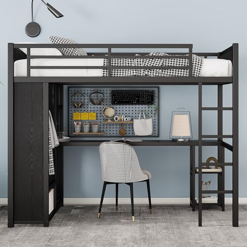 Queen Size Modern Metal Loft Bed with Wardrobe and L-Shaped Desk,Storage Cubes and Shelves,for Kids Teens Adults Bedroom Use (Black#h, Queen)