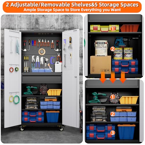 Aobabo 71" H×32" W×16" D Metal Storage Cabinet with Wheels, Garage Steel Storage Cabinet with 5 Adjustable Shelves and 4 Hooks for Home Office