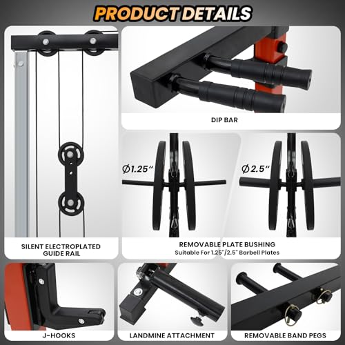 Power Cage with LAT Pulldown, Multi-Functional Power Rack with Cable Pulley System and J-Hooks, Squat Rack with Dip Bars and Landmine Attachment
