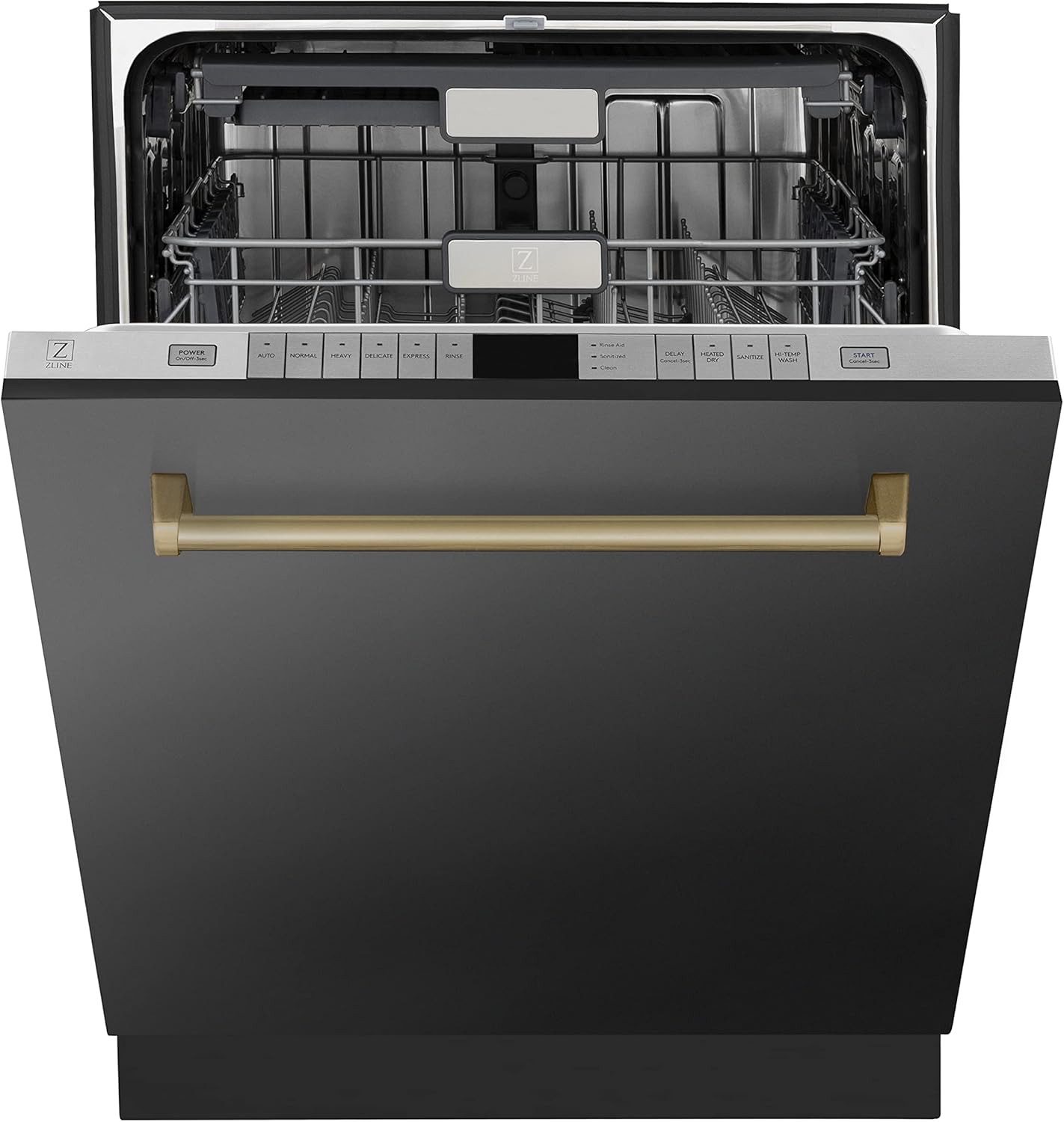 ZLINE Autograph Edition 24" 3rd Rack Top Touch Control Tall Tub Dishwasher in Black Stainless Steel with Champagne Bronze Handle