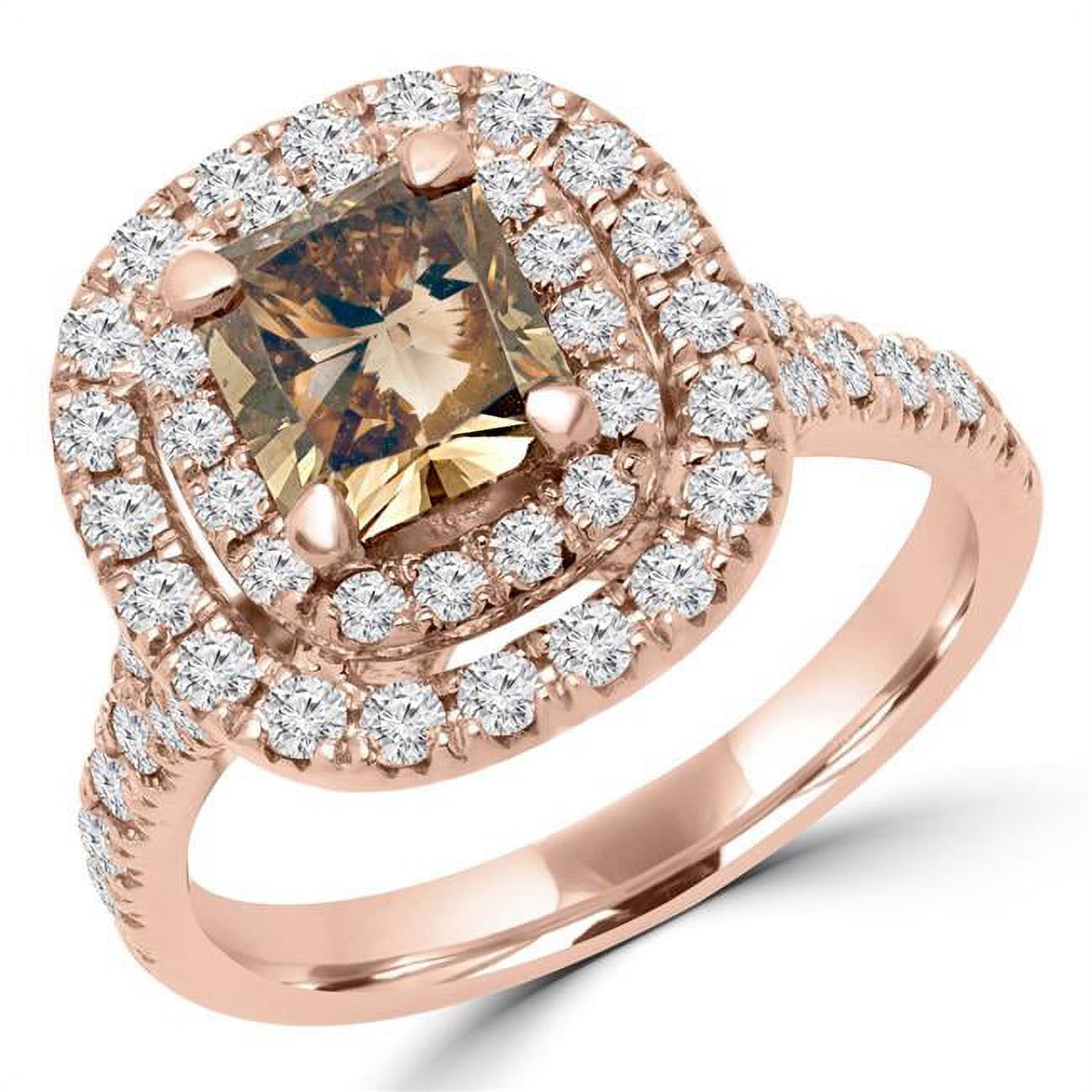 MD170346-8.25 2.5 CTW Radiant Champagne Diamond Double Halo Engagement Ring in 14K Rose Gold, Size 8.25