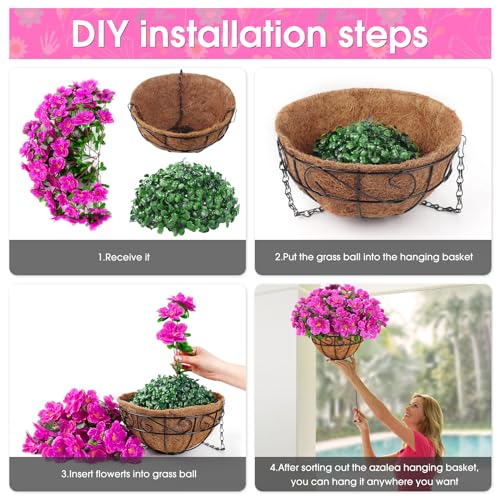 Artificial Hanging Flowers with Basket, Silk Azalea Flowers in Coconut Lining Hanging Baskets