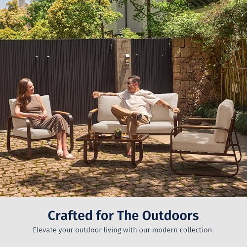 EAST OAK Courtyard Patio Furniture Set, 4-Piece Outdoor Patio Set with Sofa, Removable & Washable Deep Seating Cushion, Tempered Glass Table