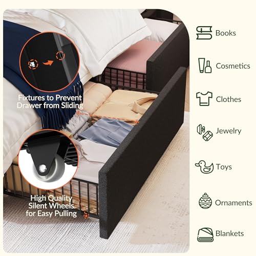 Queen Size LED Bed Frame with 4 Storage Drawers and Tufted Headboard Velvet Upholstered Platform Bed Frame Wingback Beds with Heavy Duty Wood Slats