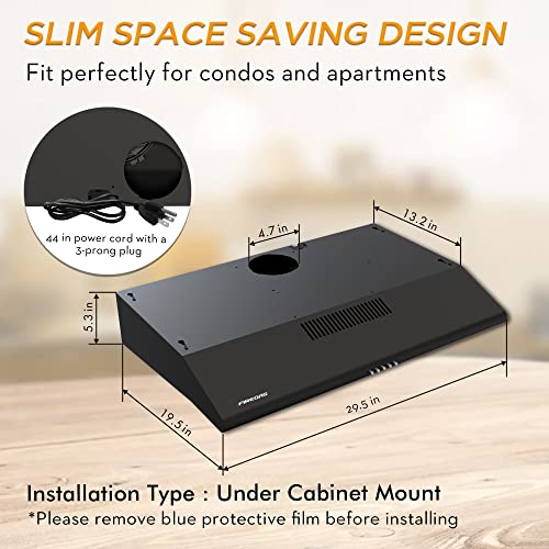 FIREGAS 30 inch Range Hood Under Cabinet, Ducted/Ductless Convertible Stainless Steel Kitchen Range Hood with Rocker Button Control