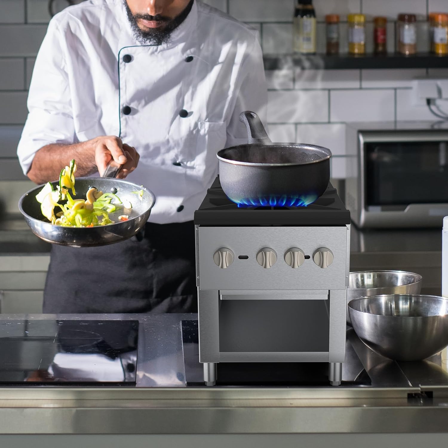 2 Burners Gas Stove, Propane and Natural Gas Commercial Hot Plate, 18"X45" Stainless Steel Wok Countertop Commercial Range, Outdoor Cooker
