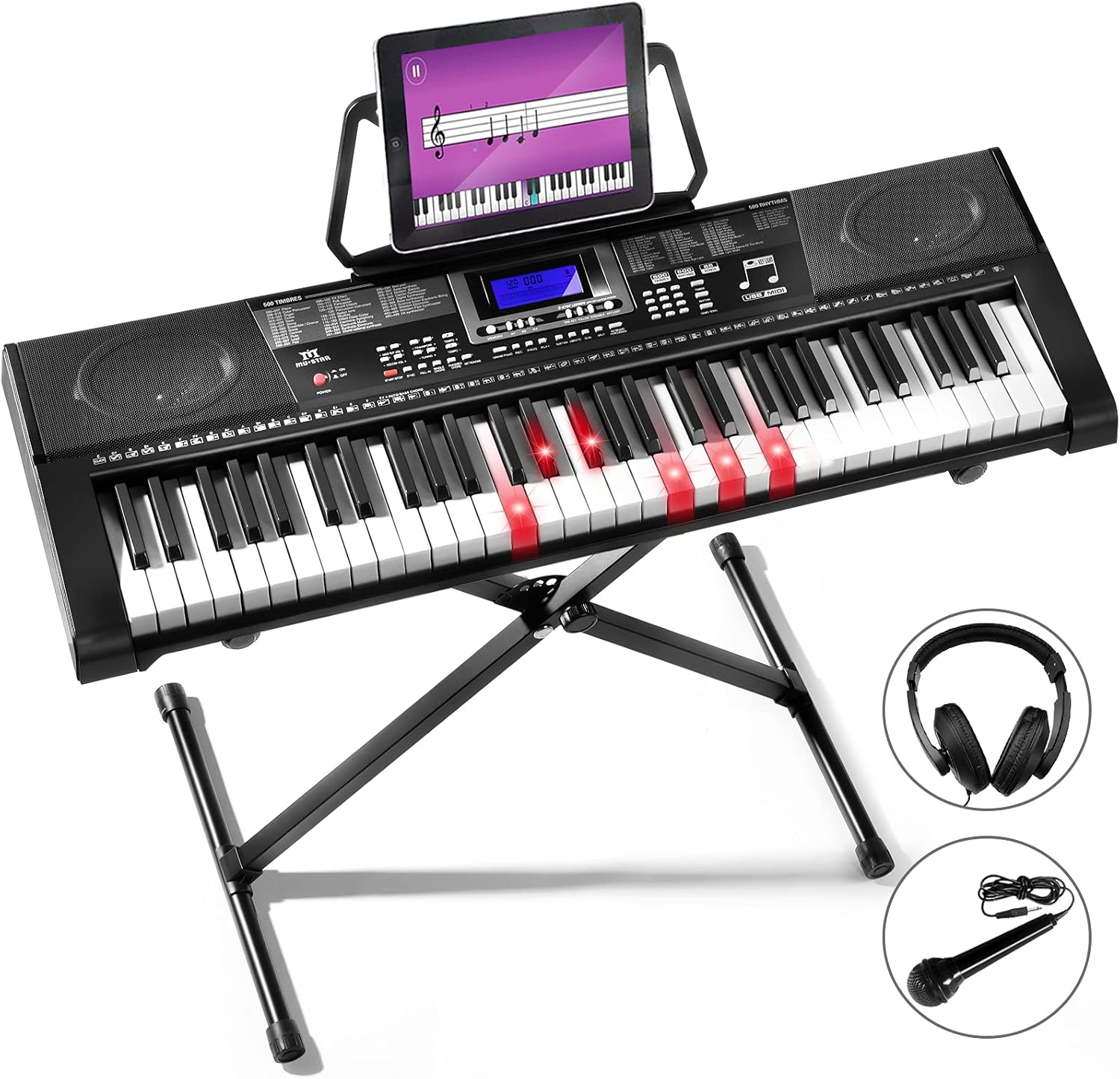 MUSTAR 61 Key Piano Keyboard, Light Up Keyboard Piano for Beginners Portable Electric Piano Learning Piano Keyboard with Stand, Built-in Speakers