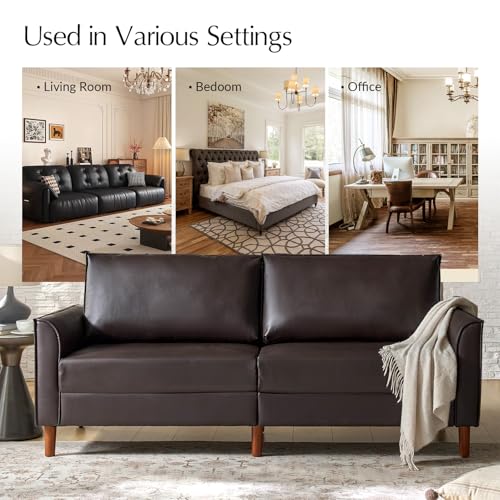 HULALA HOME 78" Faux Leather Sofa with Solid Wood Legs, Mid-Century Modern PVC Leather Couch, Comfy Upholstered 3-Seater Sofa for Living Room Bedroom