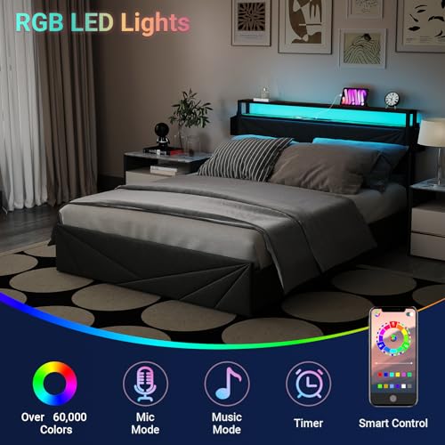 Full Size Bed Frame with Headboard, LED Platform Bed with 4 Storage Drawers, Built in Charging Station, Noise-Free, Metal Support Base
