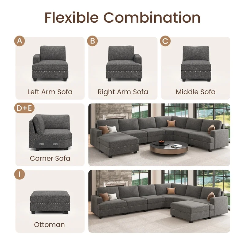 Nolany Modern Corner Modular Sectional Sofa with Movable Storage Ottoman for Living Room, Light Grey
