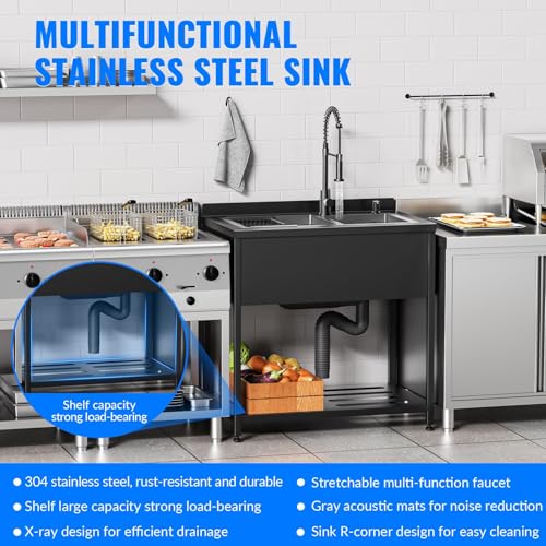 Stainless Steel Utility Sink, 30.8" × 22" × 39.5"Freestanding Sink with Cold and Hot Water Faucet,Hoses and Drain Kit for Kitchens, Bathrooms, Garage