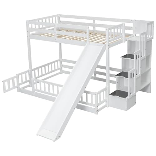 Twin Over Full Bunk Bed - Modern Wooden Floor Bunk Bed with Slide, Storage Staircase & Safety Fence Guardrails