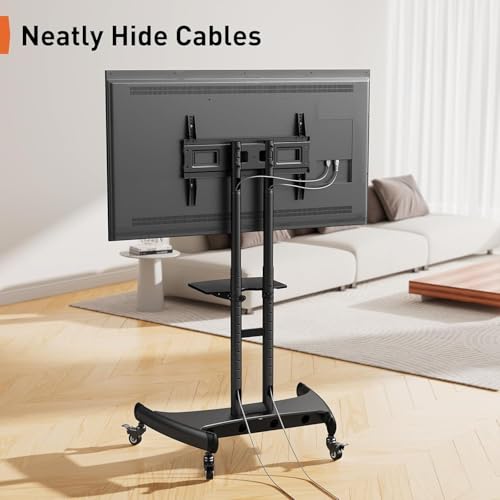 Perlegear Mobile TV Cart for 32-82 Inch Flat/Curved LED/LCD/OLED TVs Rolling TV Stand with Height Adjustable Shelf Max VESA 600x400mm up to 100lbs
