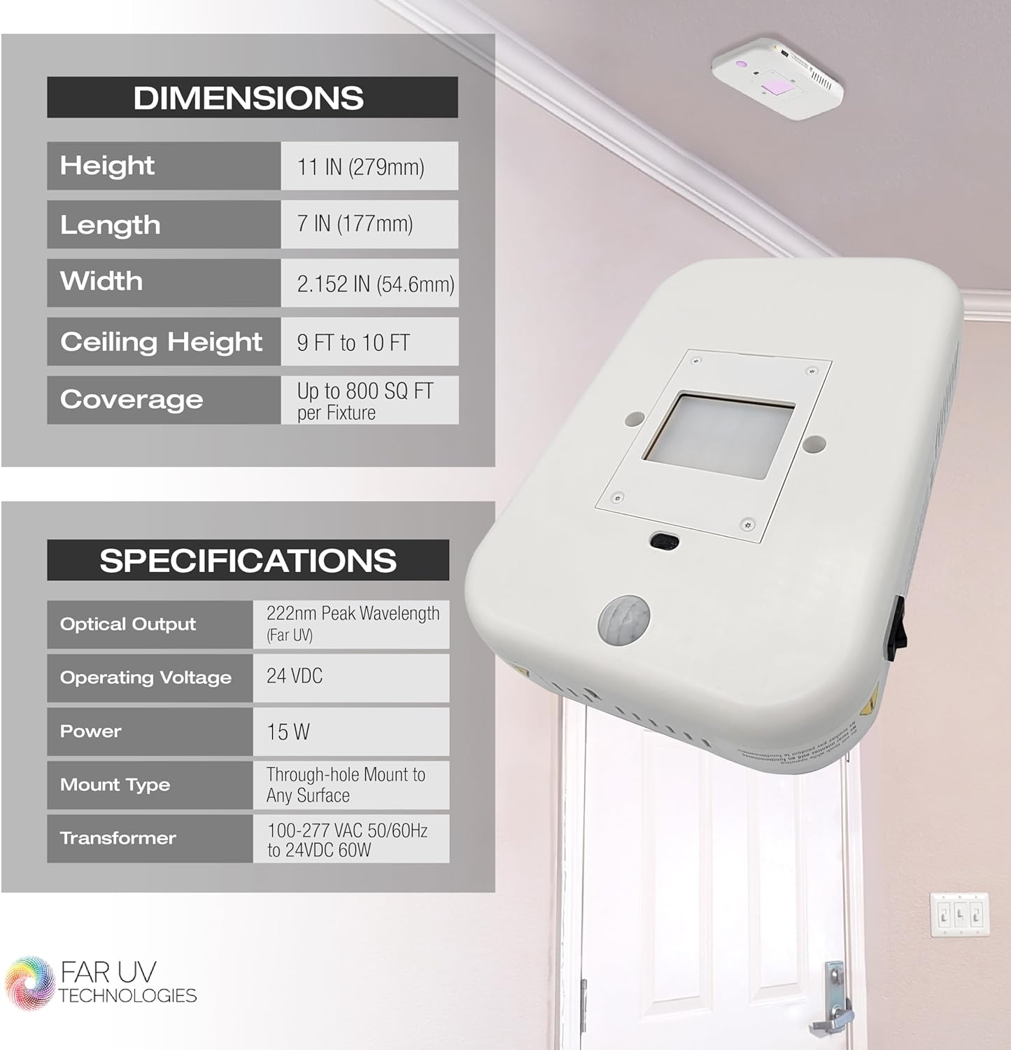 Far UV Technologies Krypton-11 Far UV 222nm Ceiling Mount or Wall Mount UV Light Air Cleaner - Smart Home Appliances