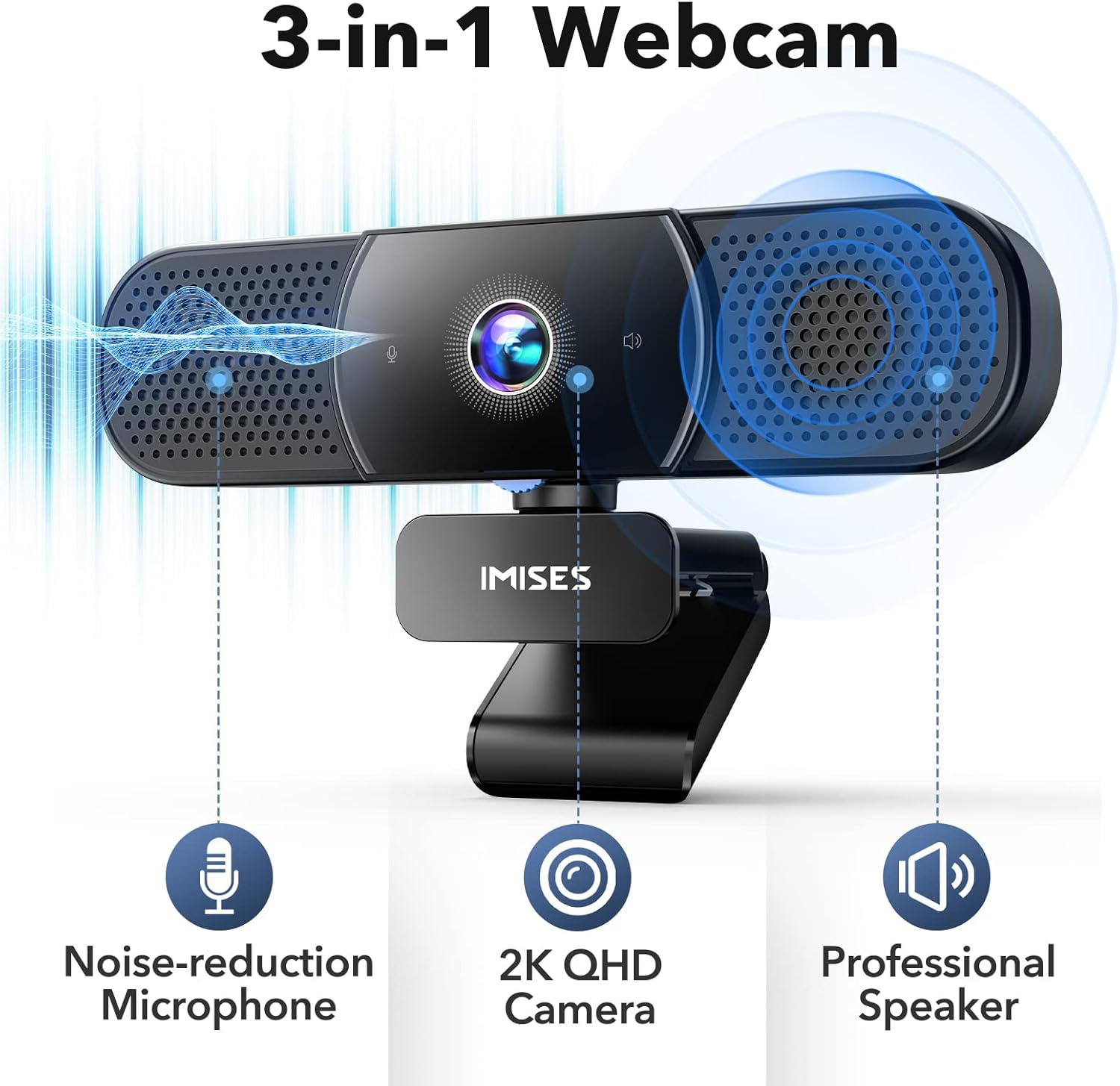 3 in 1 Webcam - Webcam with Microphone and Speaker, 2K QHD, Autofocus Laptop Camera w/Light Correction