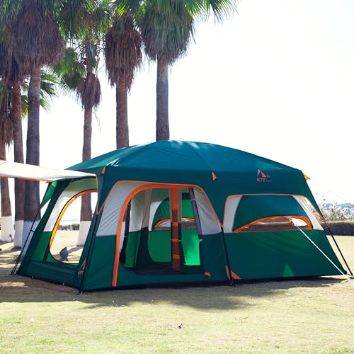 KTT Extra Large Tent 10-12-14 Person(B),Family Cabin Tents,2 Rooms,3 Doors and 3 Windows with Mesh,Straight Wall,Waterproof,Double Layer