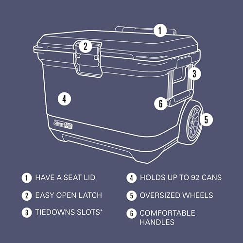 Coleman Pro 55qt Wheeled Ultra-Light Premium Hard Cooler, Extra-Thick Insulation Keeps Ice up to 5 Days, 92-Can Capacity, Heavy-Duty Wheels