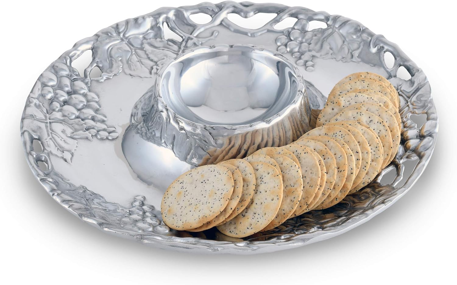 Arthur Court Designs Metal Grape Chip and Dip Platter in Grape Pattern Sand Casted in Aluminum with Artisan Quality Hand Polished Designer