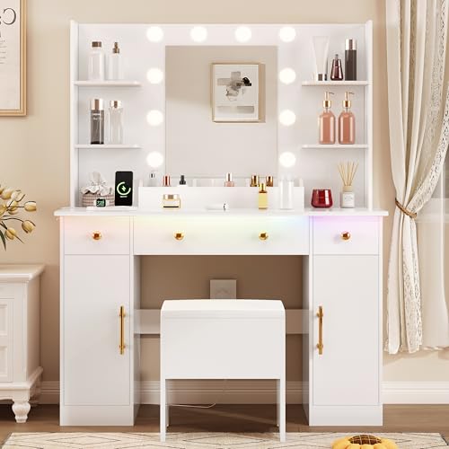 Vanity Desk with Mirror and Lights, Makeup Vanity with Charging Station & Vanity Stool
