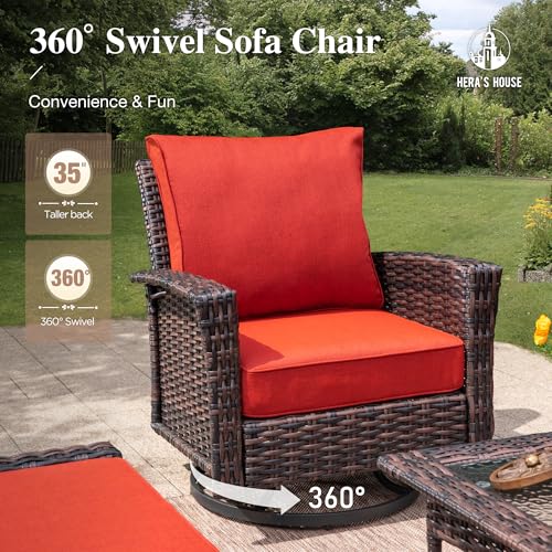 HERA'S HOUSE High Back Patio Furniture Set with Swivel Chairs, Outdoor Wicker Conversation Sets with 5.5" Comfy Cushions, 4 Piece Outside Sofa Sets