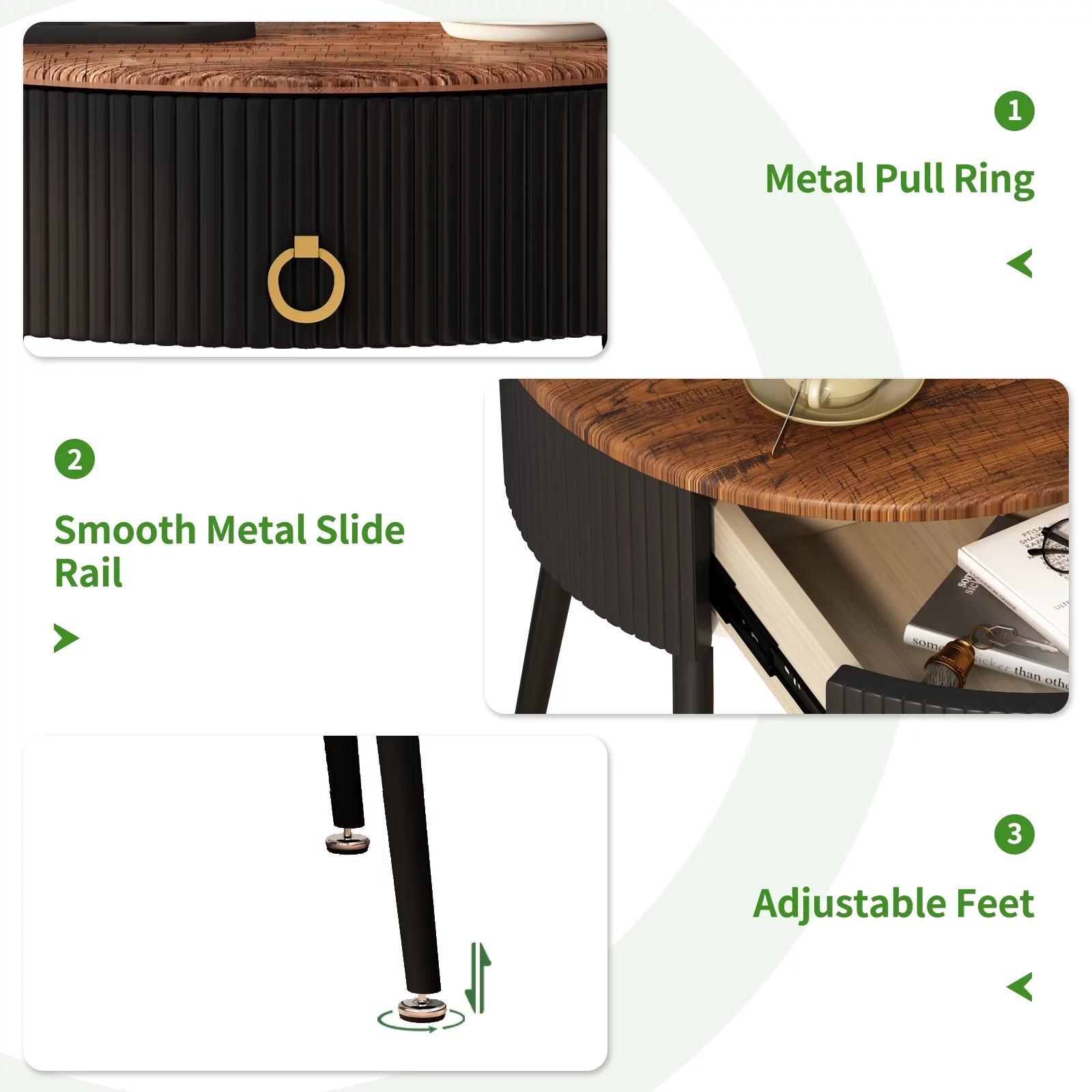 ASYA Black Metal End Table Set of 2, Wood Nightstand Side Table with Drawer, Round Accent Table for Home Living Room Bedroom, 20.63''H