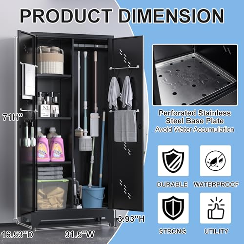 Broom Closet Storage Cabinet, 71" Metal Garage Cabinets with Lock & Hanging Rods, Utility Closet for Brooms and Mops