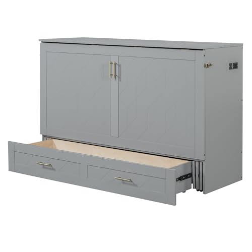 Harper & Bright Designs Queen Size Murphy Wall Bed, Chest Cube Cabinet With USB, Charging Station and Large Storage Drawer for Home Office