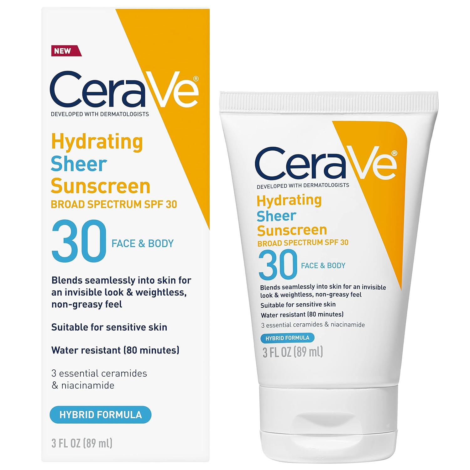 CeraVe Hydrating Sheer Sunscreen SPF 30 for Face and Body | Mineral & Chemical Sunscreen with Zinc Oxide, Hyaluronic Acid
