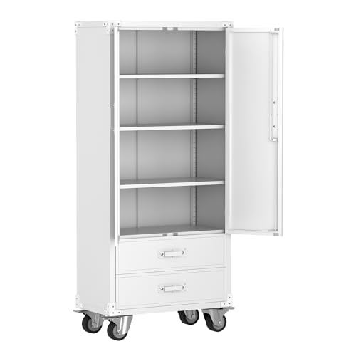 Aobabo 71" H×32" W×16" D Metal Storage Cabinet with Wheels, Garage Steel Storage Cabinet with 5 Adjustable Shelves and 4 Hooks for Home Office
