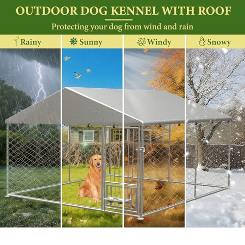 10X10FT Outdoor Large Dog Kennel, Heavy Duty Dog Cage for Large Dogs, Durable Dog House Enclosure with Roof and Rotating Feeder Bowls