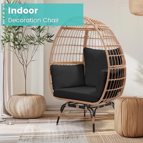 Oversized 360 Swivel Rattan Egg Chair for Adult, Indoor Outdoor Patio Large Wicker Egg Chair with Overstuffed Cushions, 440lb Weight Capacity