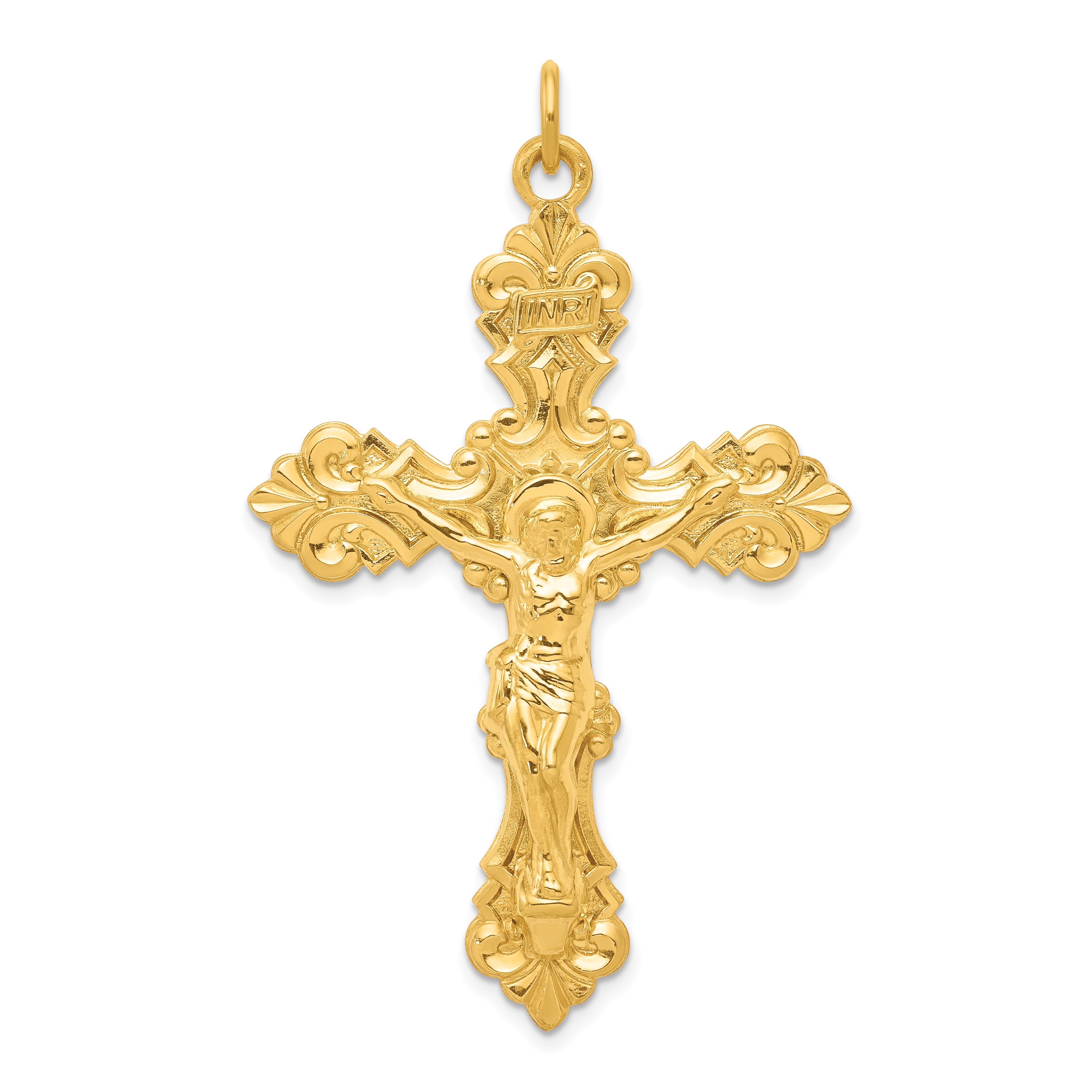 Carat in Karats Sterling Silver Polished Finish 24K Inri Crucifix Charm Pendant (55mm x 35mm) With Sterling Silver Cable Chain Necklace 20''
