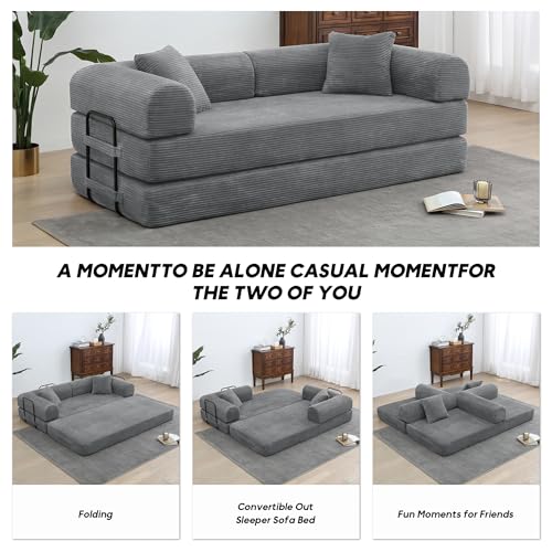 Convertible Sleeper Sofa Bed with Cylindrical Pillow, Corduroy Folding Mattress Couch with Fixed-Shape Frame