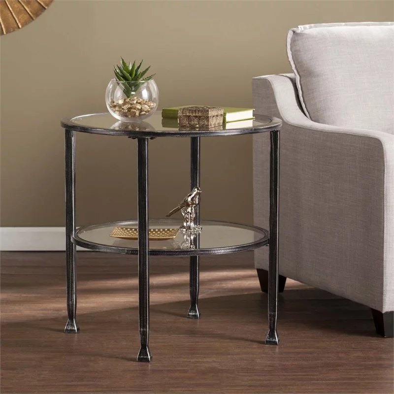Home Square Jaymes Round Glass Top Metal End Table in Black - Set of 2