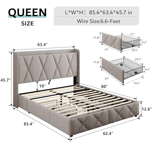 iPormis Queen Bed Frame with 4 Storage Drawers, Upholstered Platform Bed Frame with Charging Station, Modern Wingback Storage Headboard