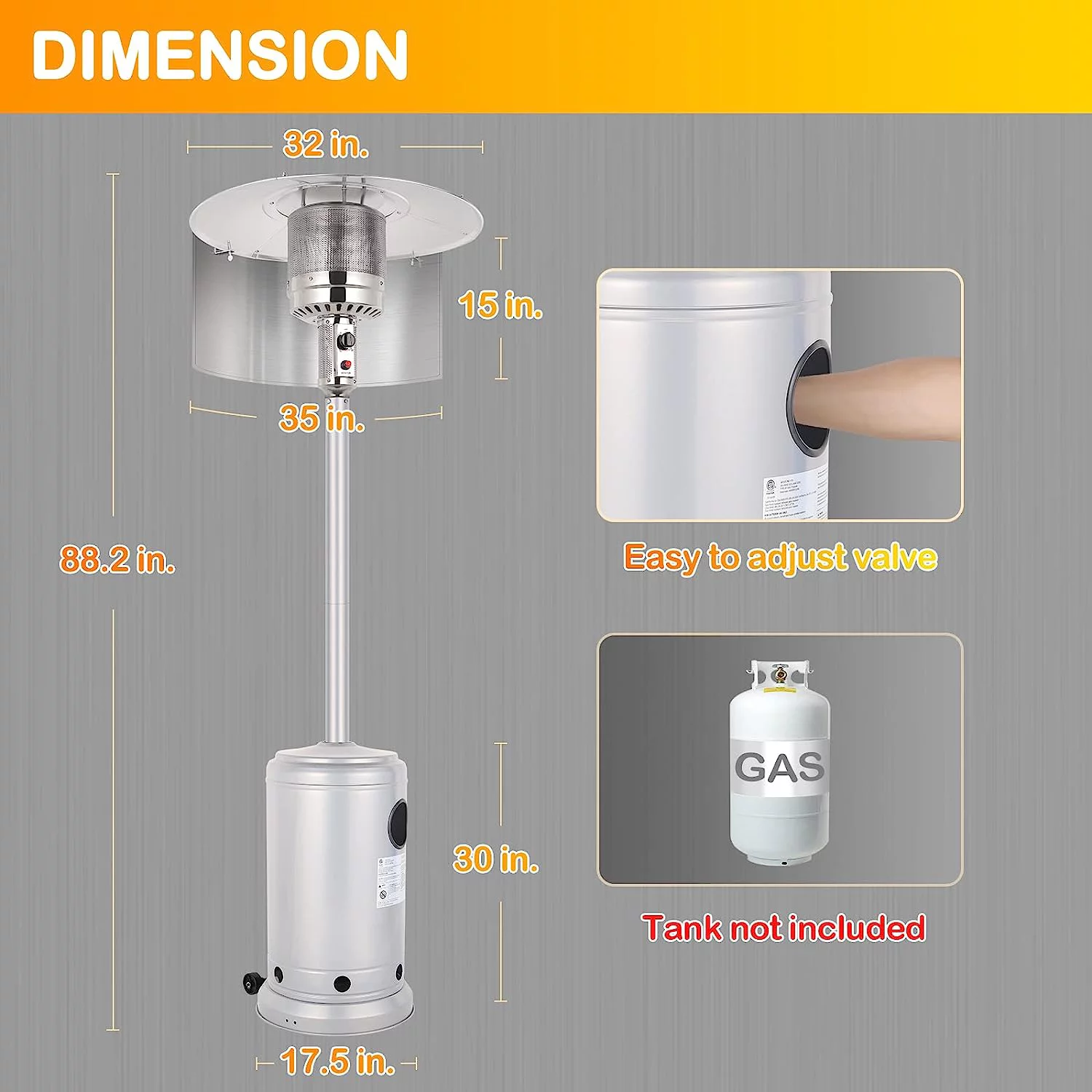 50,000 BTU Propane Patio Heater with Reflector, Stainless Steel Burner, Triple Protection System, Wheels, Outdoor Heaters for Patio, Garden