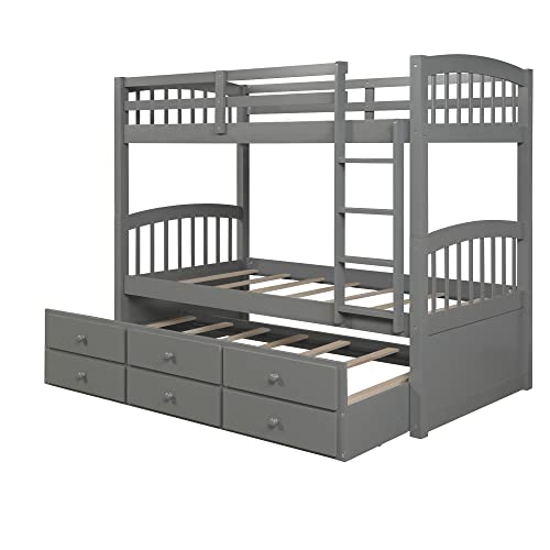 Ball & Cast Full Over Full Bunk Bed with Twin Size Trundle and Built in 4 Drawer,Wood Bunkbed w/Storage Ladder & Slat Support