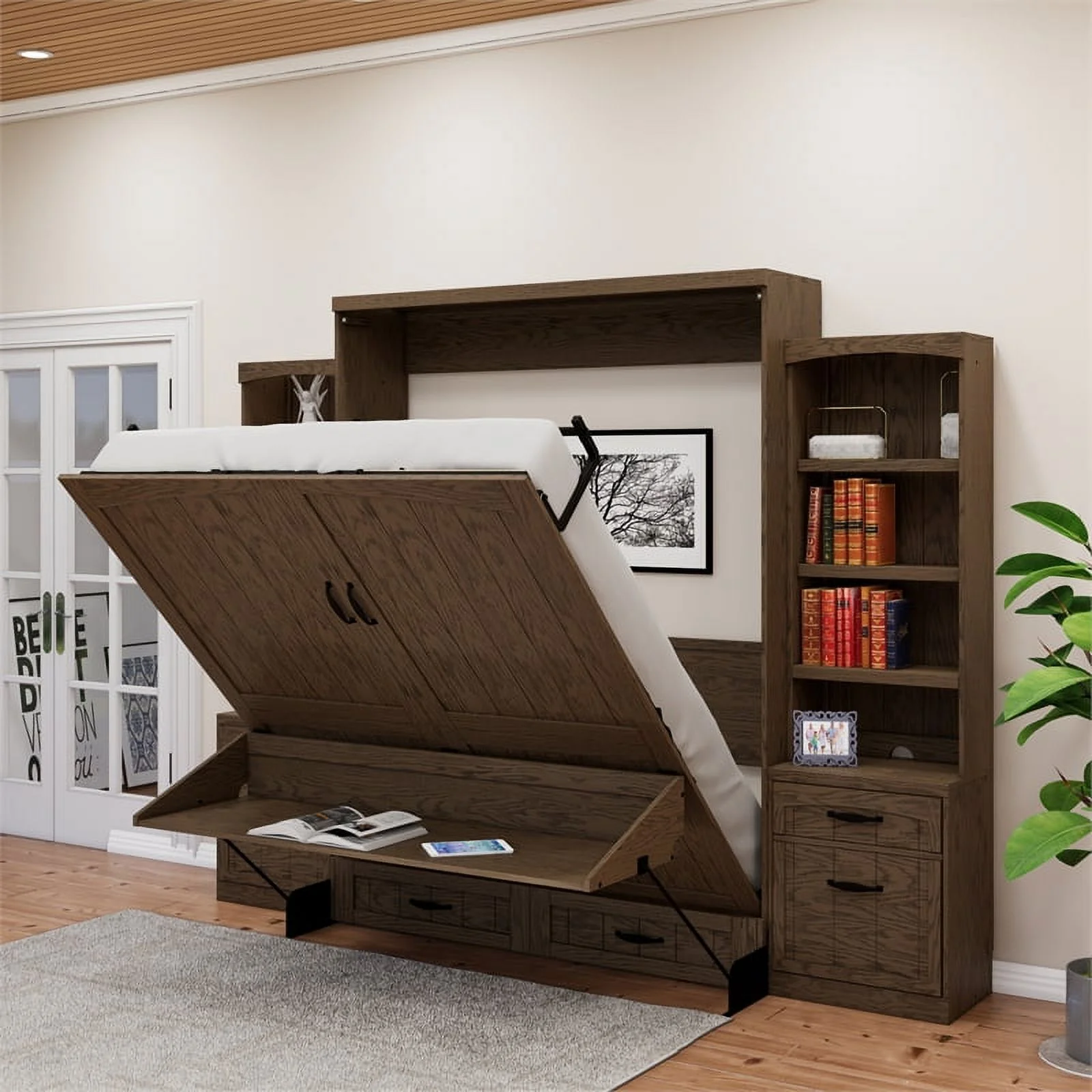 Pemberly Row Cape Cod Solid Wood Queen Size Murphy Bed with 2 Pier in Brown