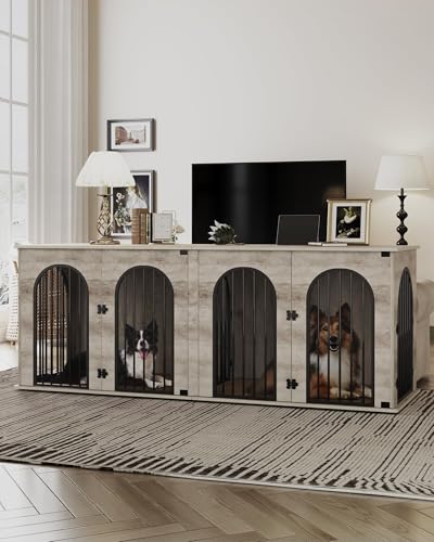 71" Dog Crate Furniture for 2 Dogs, Heavy Duty Indoor Dog Kennel TV Stand, XXL Wooden Dog Cage with Divider for Medium Large Dogs