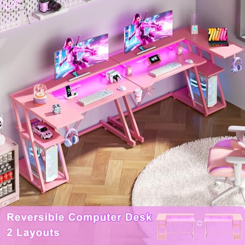 55 Inch Gaming Desk with Power Outlet & LED Lights, L Shaped Gamer Computer Table with Storage Shelves for Bedroom, Corner Home Office Desk