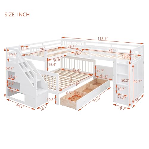 L-Shape Triple Bunk Beds with Stairs and Desk, Wood Twin-Over-Full Bunk Bed with Storage Wardrobe, Shelves and Drawers