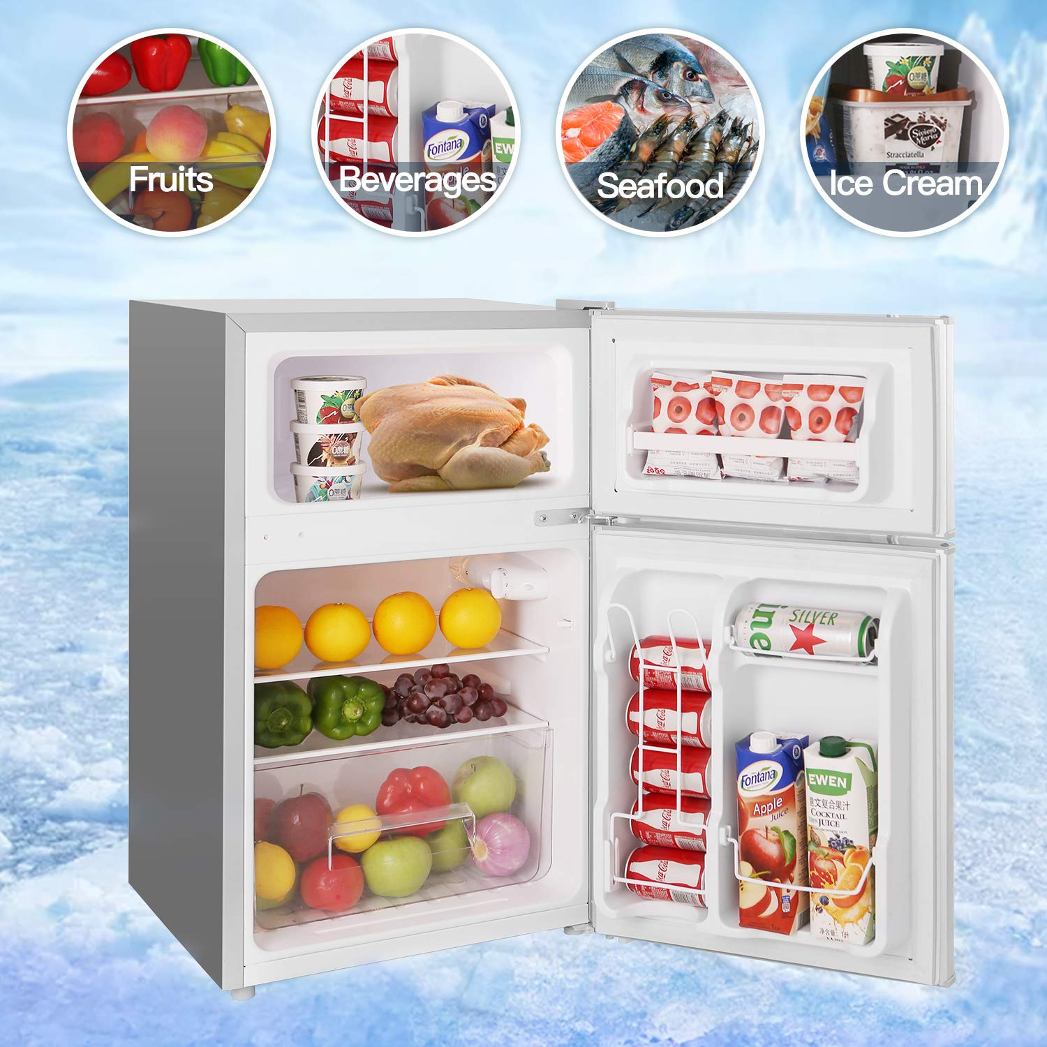 3.2 Cu.ft Compact Refrigerator Double Door Mini Fridge with Top Door and Removable Glass Shelves, Beverage and Food Storage Cooler for Office