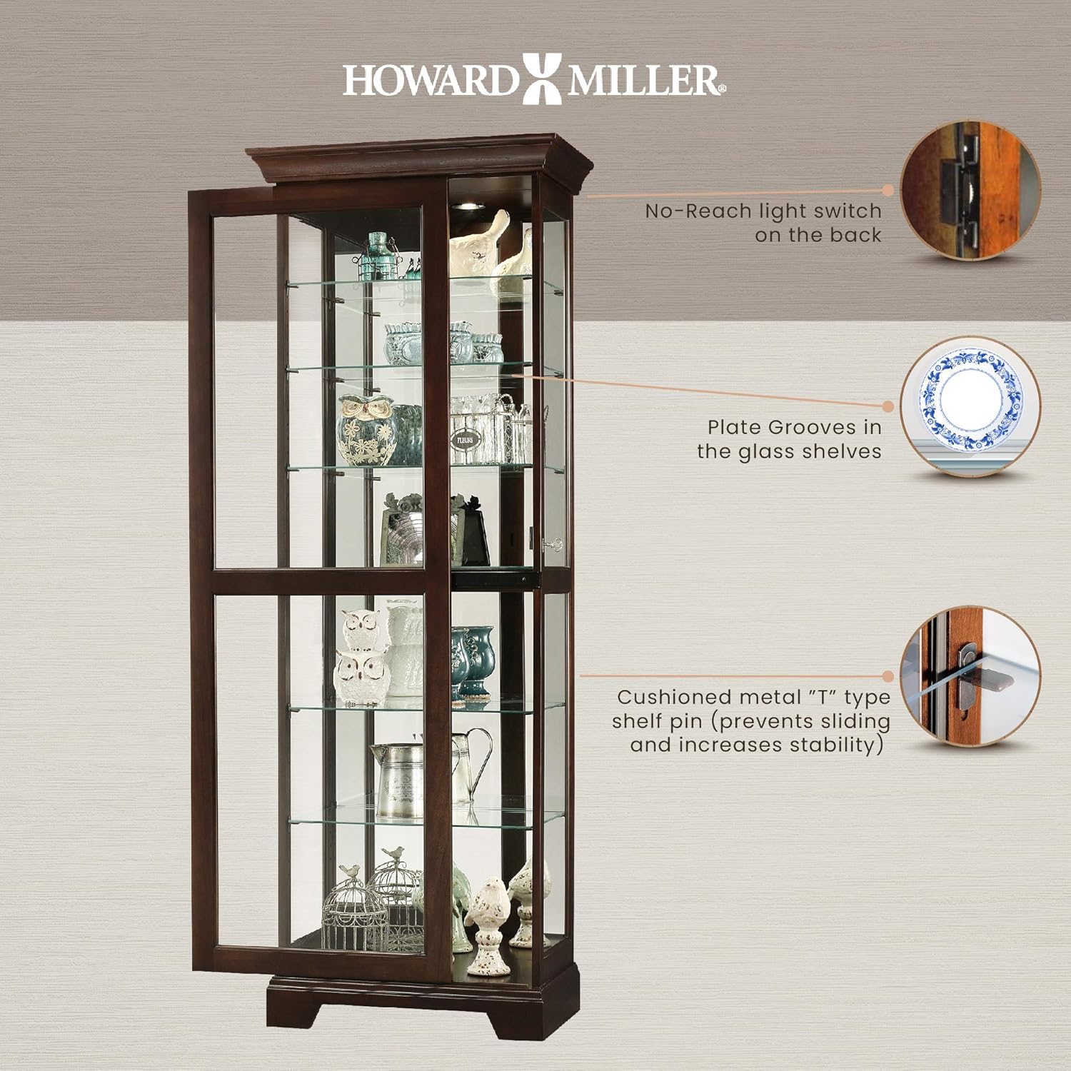 Howard Miller Martindale II Curio Cabinet 680-577 – Espresso Finish Home Decor, Six Shelves, Seven Level Display Case, Locking Slide Door