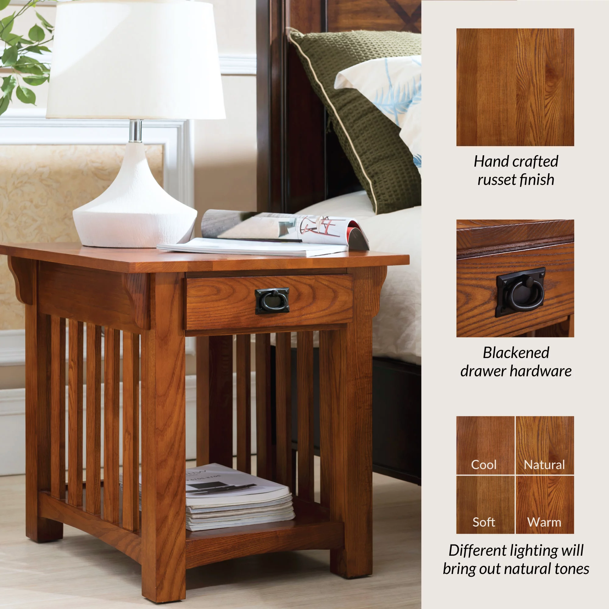 Leick Home 8207 Mission Impeccable End Table with Drawer, Made with Solid Wood, Side Table for Living Room, Bedroom, Medium Oak Finish