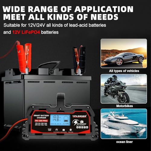 Battery Charger 40A, 12V/24V Lead Acid Smart Battery Charger, 12V LiFePO4 Car Battery Trickle Charger