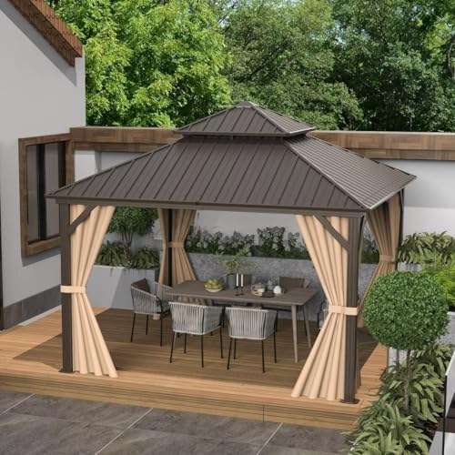 Domi 10’ x 10’ Hardtop Gazebo Metal Frame Canopy with Netting & Curtains