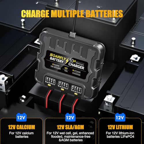 3 Bank Marine Battery Charger, 12V 30A (10A/Bank) Smart Waterproof Onboard Boat Battery Charger