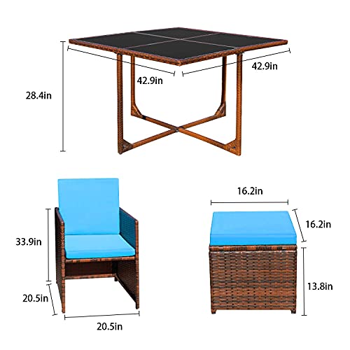 Devoko 9 Pieces Patio Dining Sets Outdoor Space Saving Rattan Chairs with Glass Table Patio Furniture Sets Cushioned Seating and Back Sectional