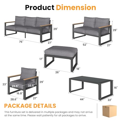 Aluminum Patio Furniture Set, 4 Piece Outdoor Conversation Set with Coffee Table, Metal Outdoor Patio Furniture Set for Porch Backyard Garden, Grey